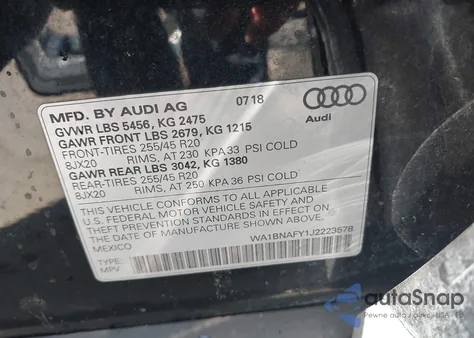 2018 Audi Q5 2.0T Premium/2.0T Tech Premium z USA, uszkodzony, nr VIN WA1BNAFY1J2223578